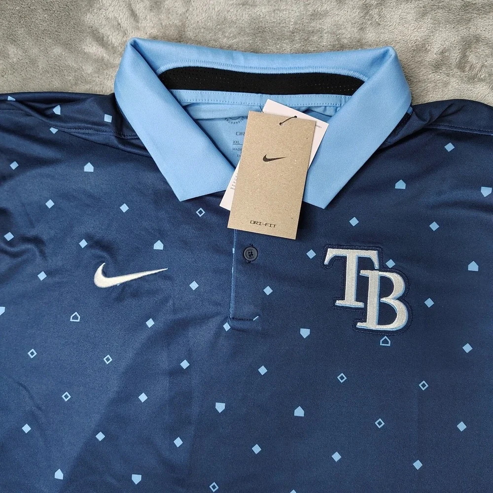 Nike Tampa Bay Rays Polo Shirt Mens 2XL Navy Blue Geometric Dri-FIT Stretch New